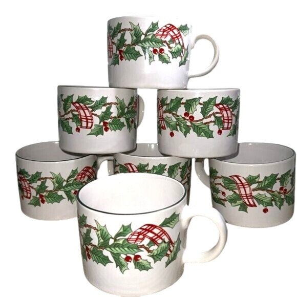 Majesticware Holiday Ribbon Stoneware Coffee Cups Holly Berry Design Set Of 8 - Picture 1 of 5